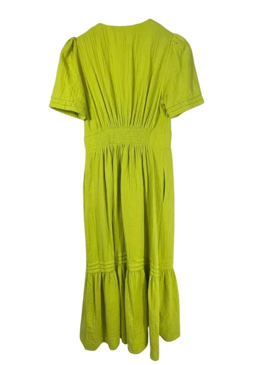 Boden Lime Green Cotton Midi Dress Empire Waist Puff Sleeve 2R - Picture 3 of 12